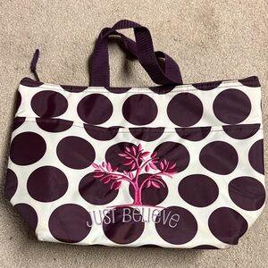 31 Purple Polka Dot lunch Bag with Pink Tree Embroidery - Just Believe insulated